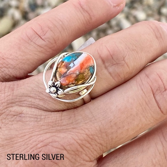 Spiny Oyster Turquoise Sterling Silver Ring Size 7 3/4 - Picture 12 of 12